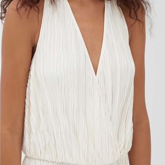 CREAM HALTERNECK PLISSE WIDE LEG JUMPSUIT - Picture 3 of 4